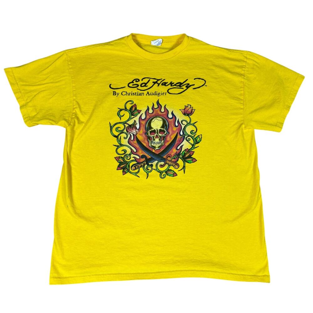 y2k 2000s style Ed Hardy Christian Audigier yellow tshirt Large reprint indie